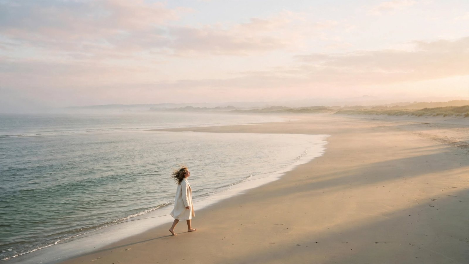 Mujer joven caminando por una playa tranquila al amanecer, imagen de un nuevo ritmo energético