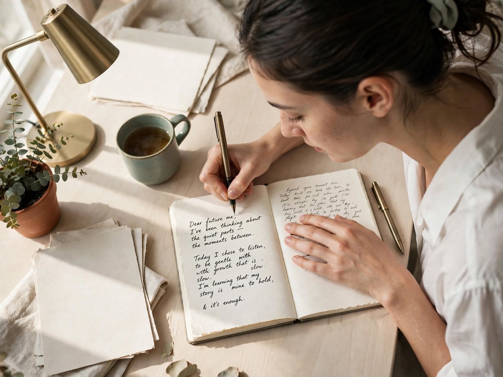 Mujer joven escribiendo una carta a su yo del pasado en un escritorio minimalista