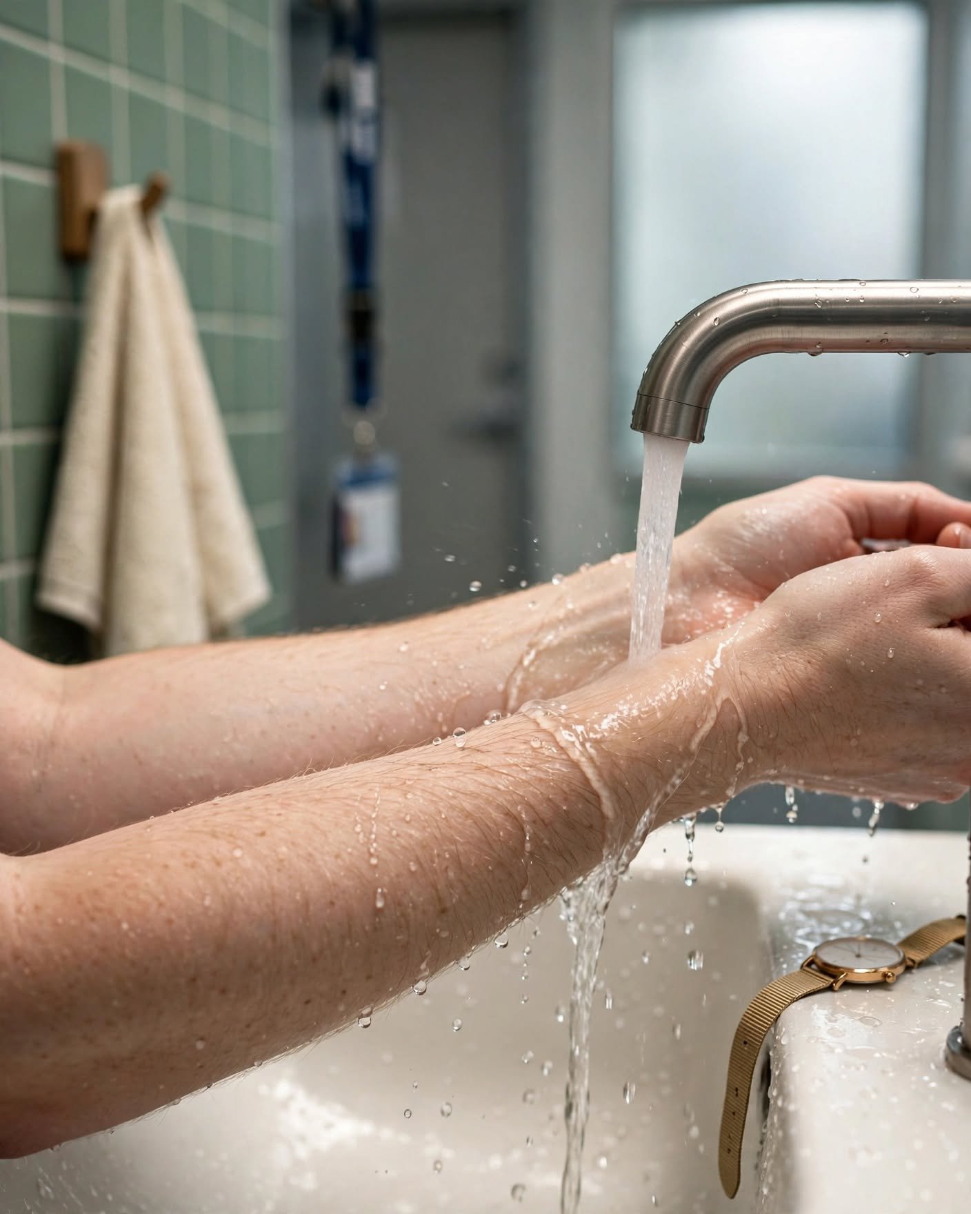 Muñecas bajo un chorro de agua fría en un lavabo con azulejos verde salvia, un reinicio rápido en mitad de la jornada