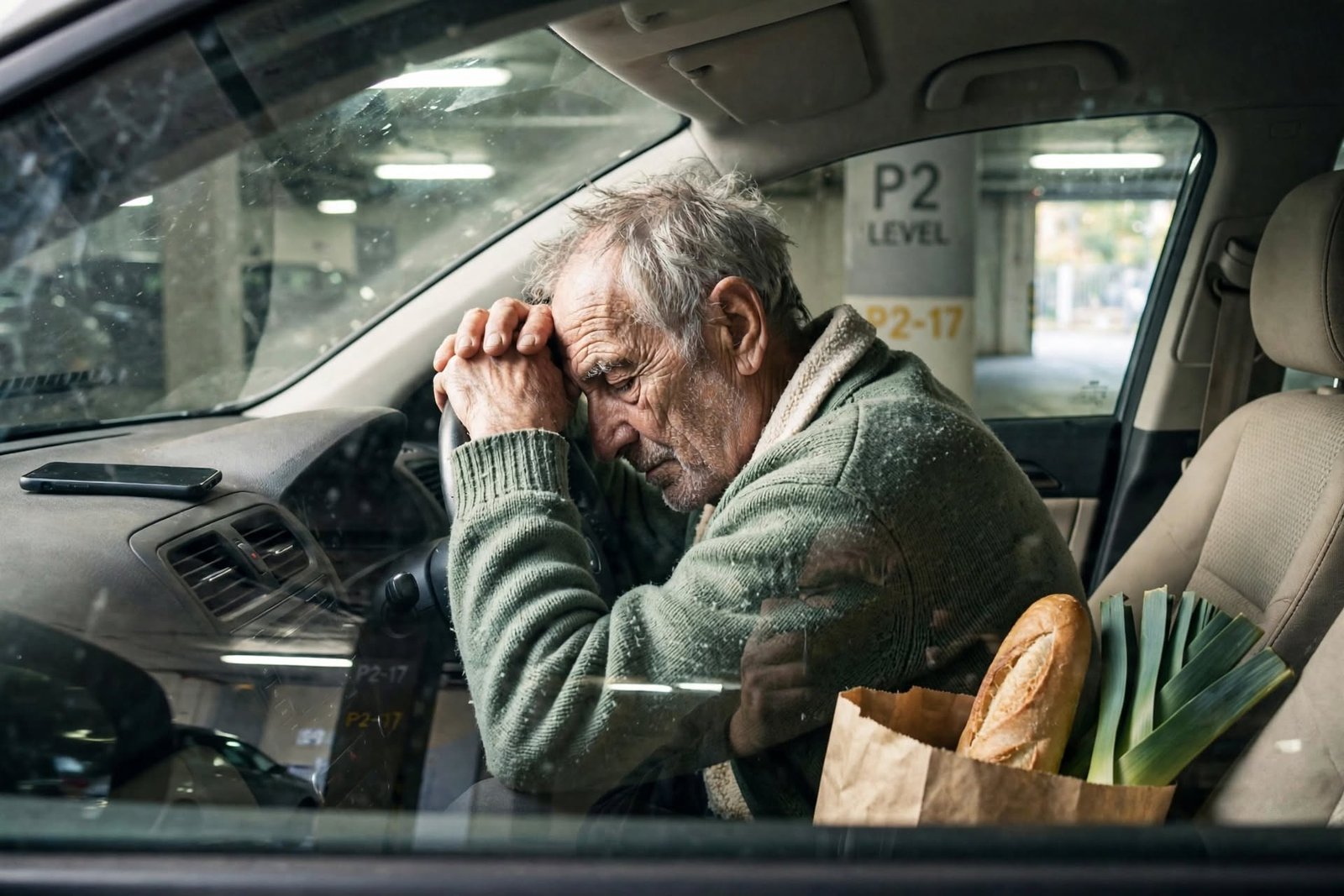 Hombre mayor descansando la frente sobre el volante dentro de un coche aparcado, buscando un respiro tras un día intenso