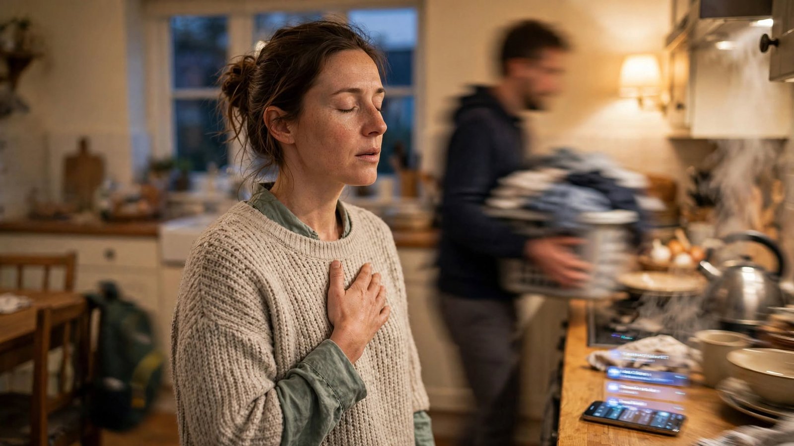 Mujer inmóvil en una cocina llena de movimiento, representando la saturación emocional cotidiana