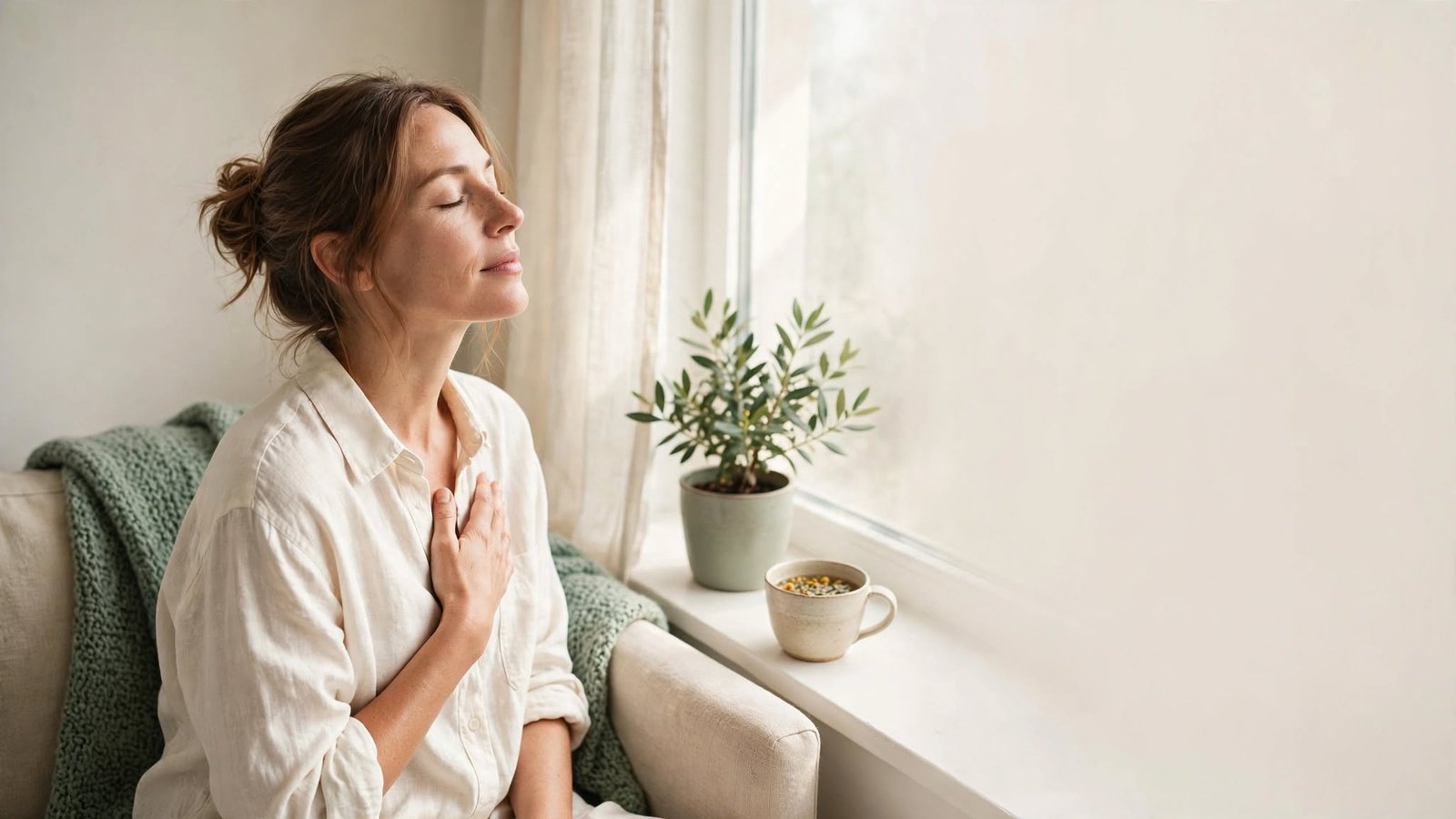 Mujer respirando con calma junto a una ventana luminosa durante un momento de saturación emocional
