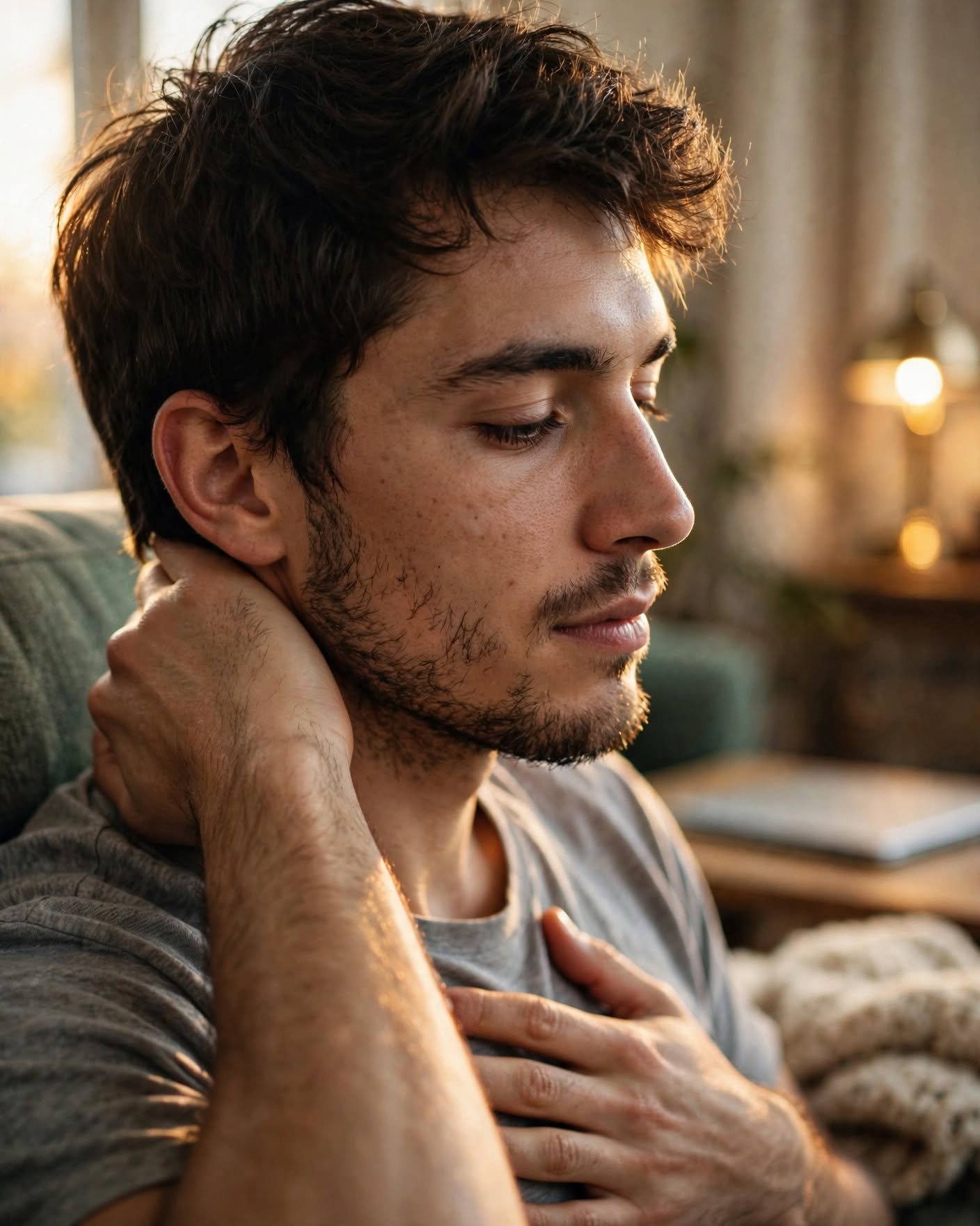 Hombre joven con la mano en el pecho respirando con calma en su sala