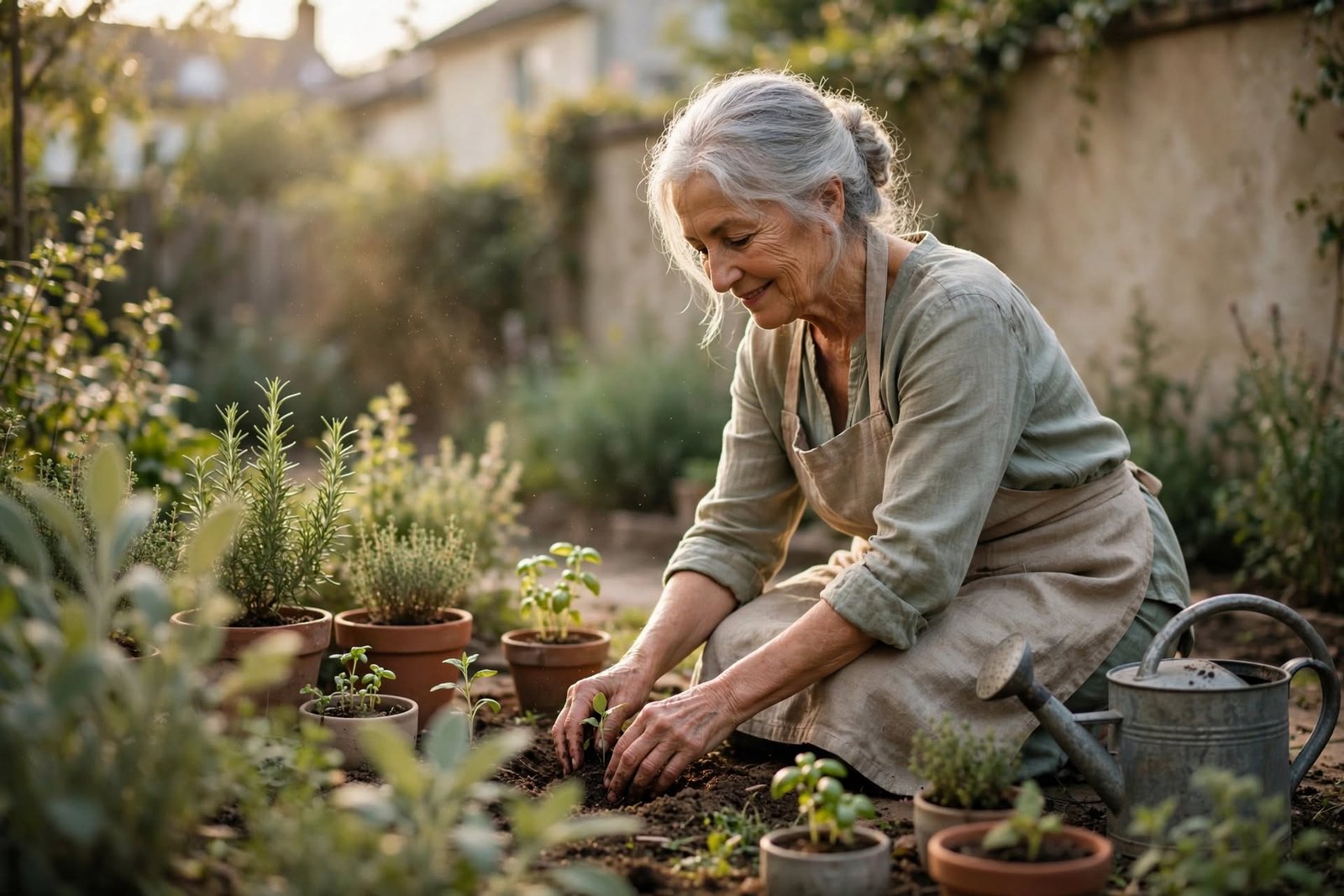 Saturación emocional: señales y cómo calmar tu sistema nervioso 4 Mujer mayor cuidando plantas en su jardín como símbolo de recuperación gradual