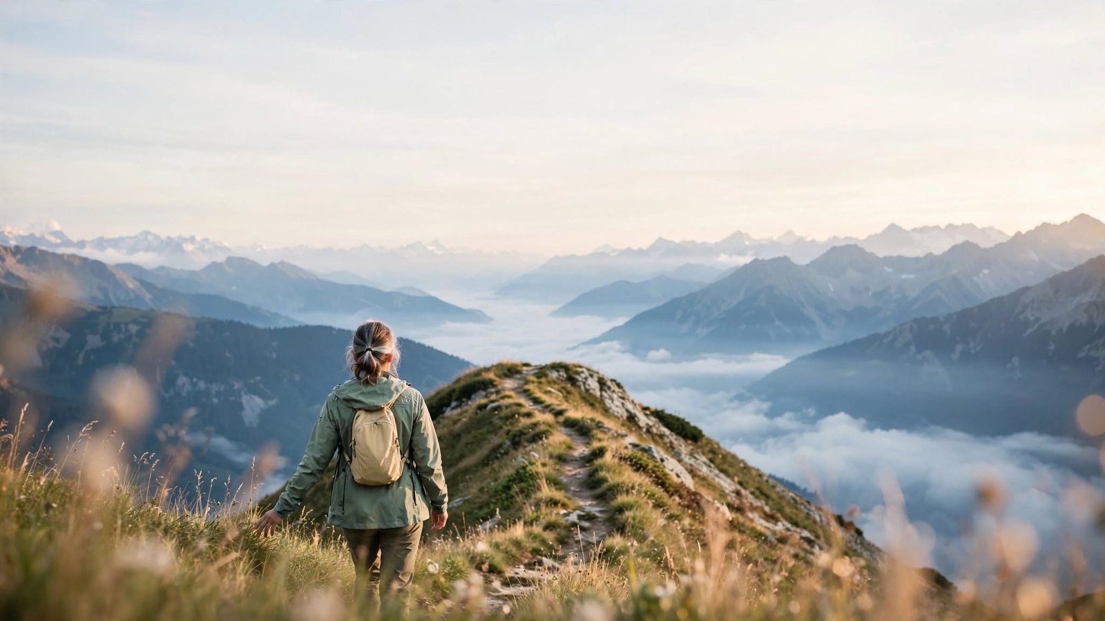 Mujer caminando por un sendero de montaña al amanecer, avanzando sin esperar a estar lista