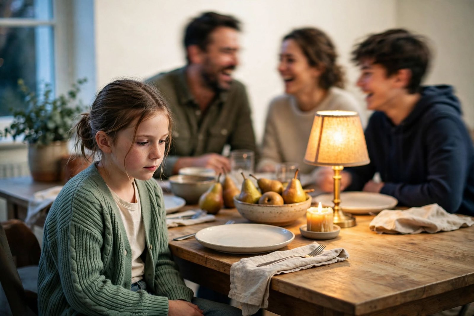 Niña en silencio en una mesa familiar, imagen sobre el trauma emocional de la infancia y la soledad estando acompañado