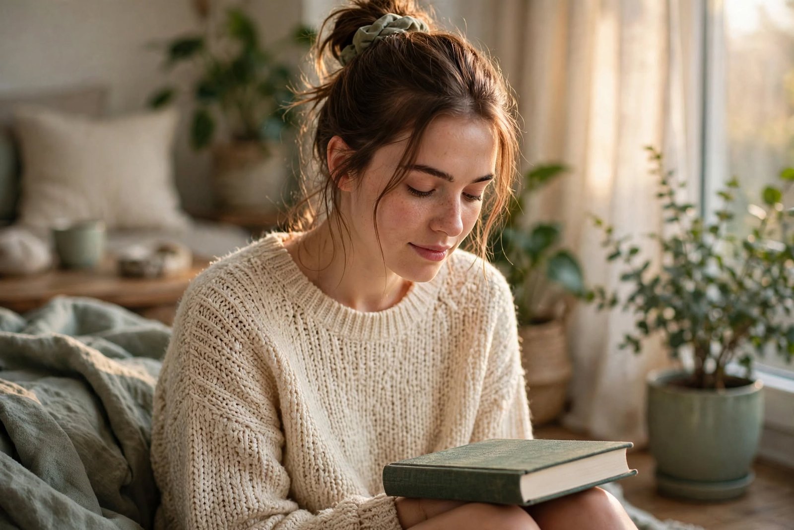 Mujer joven sentada junto a una ventana, sintiendo alivio y descansando sin tener que demostrar nada